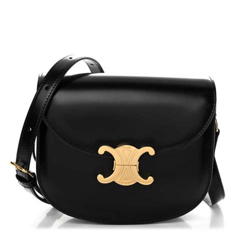 CELINE Shiny Calfskin Besace Clea Chain Triomphe Black 